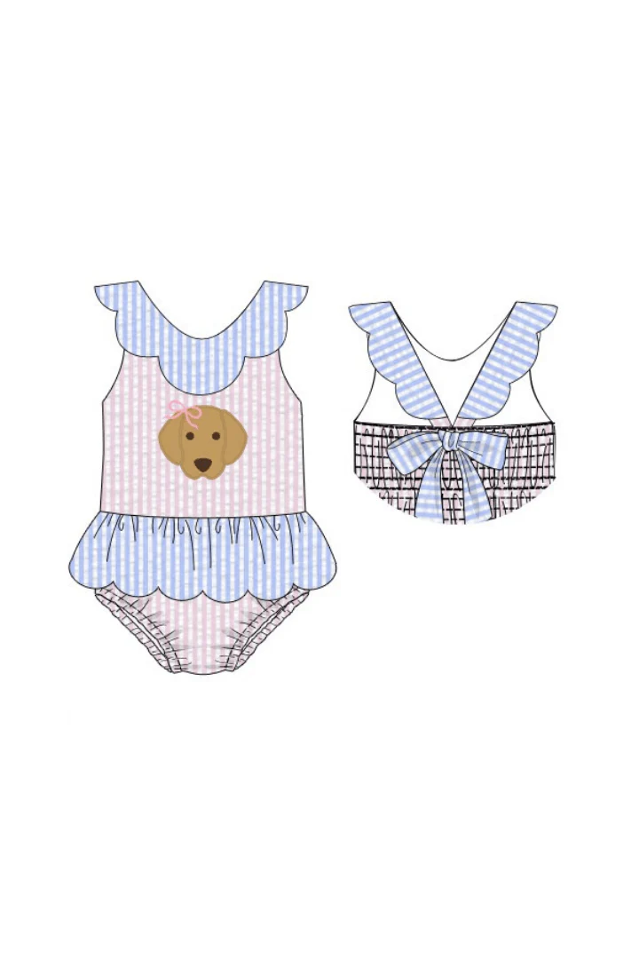 Applique Puppy Pink/Blue Seersucker Swimsuit - Image 3