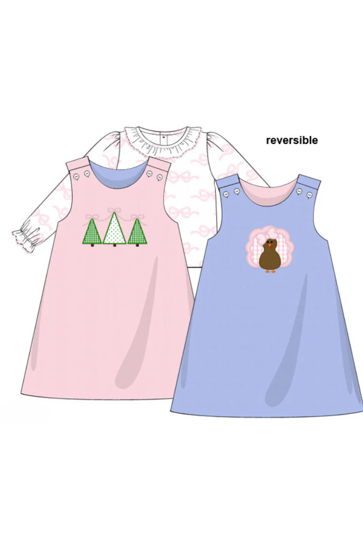 Pre-Order Applique Reversible Turkey/Christmas Tree Corduroy Dress Set