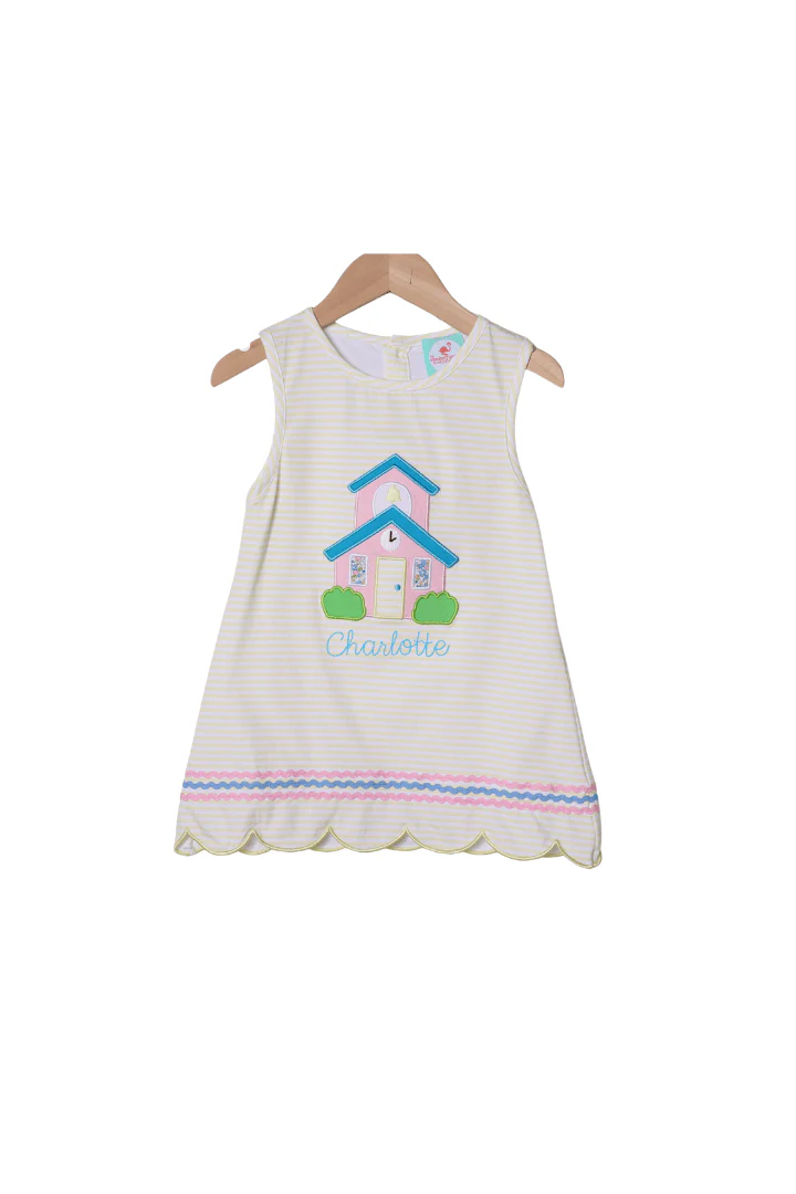 Applique School House Yellow Stripe Bow Dress