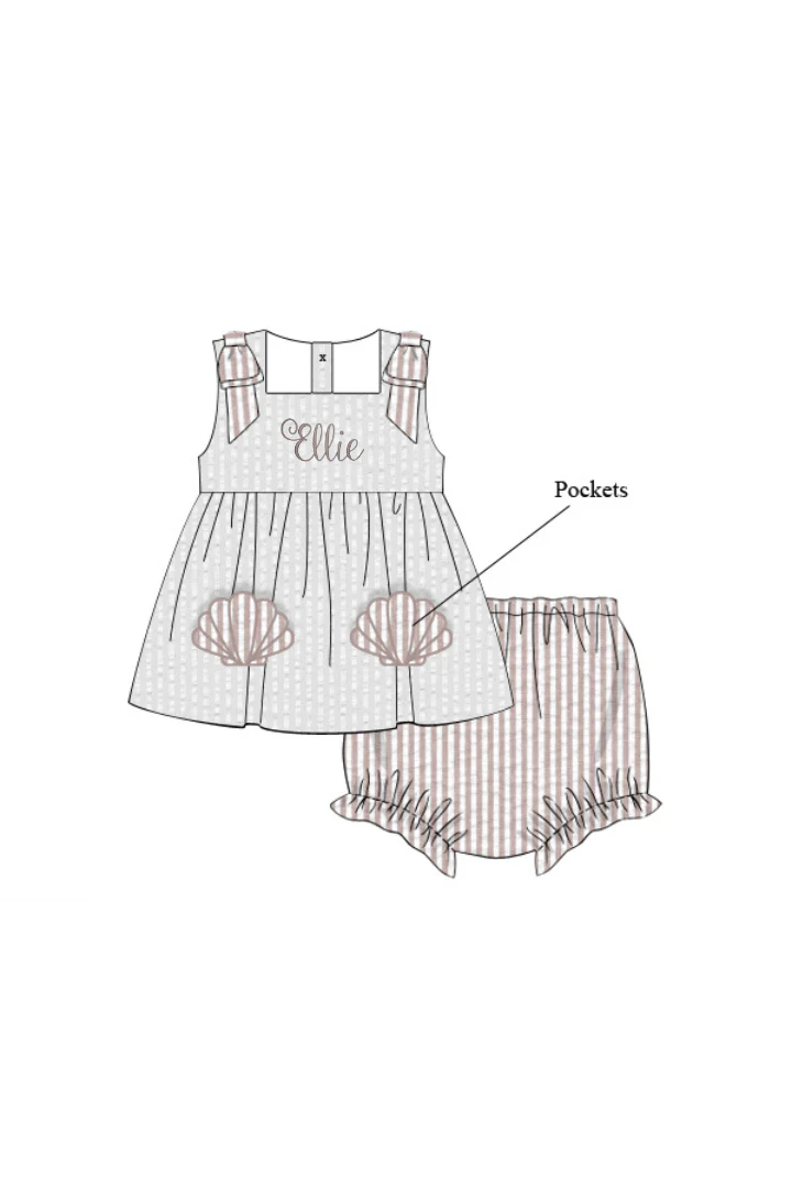 Applique Sea Shell Seersucker Bow Bloomer Set - Image 2