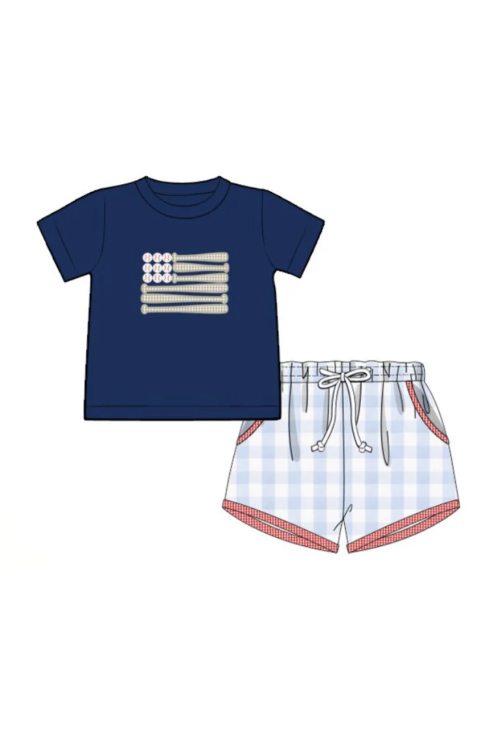 Applique Stars and Strikes Baseball Blue Gingham Short Set - Image 3