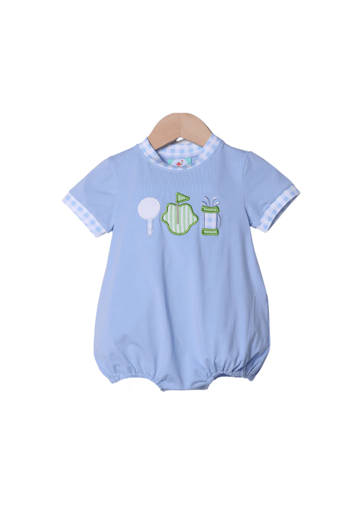 Applique Tee Time Blue Gingham Bubble