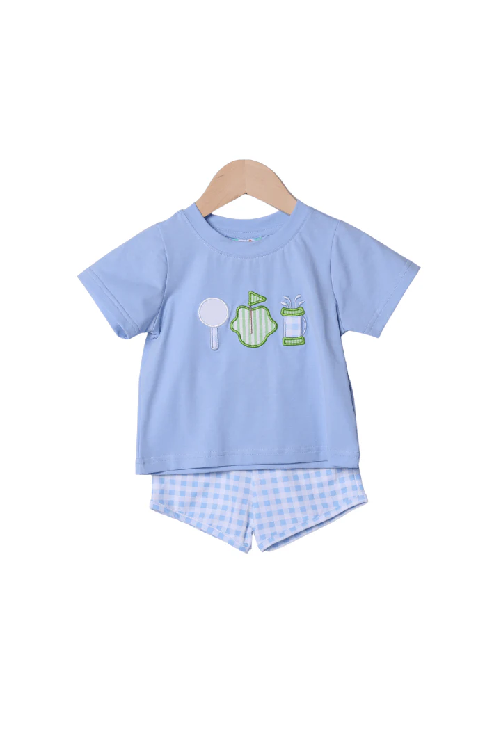 Applique Tee Time Blue Gingham Short Set