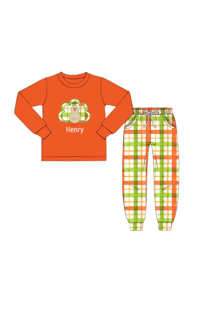 Pre-Order Applique Turkey Orange Plaid Jogger Set