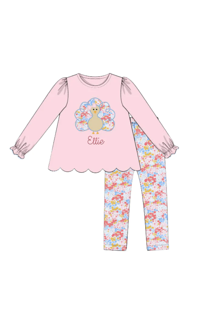 Pre-Order Applique Turkey Pink Floral Pant Set