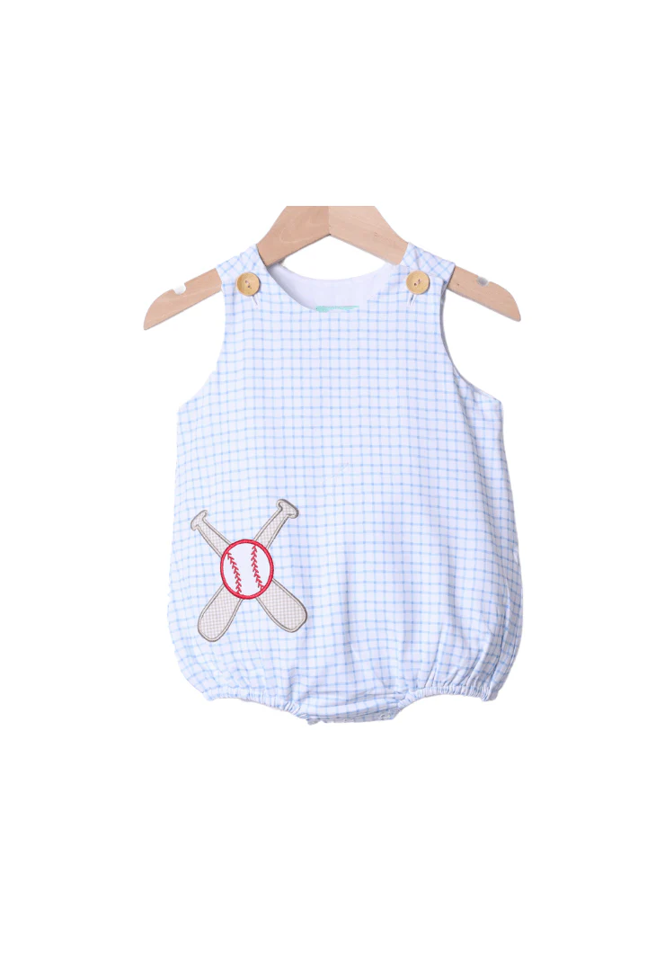 Baseball Applique Blue Gingham Knit Bubble