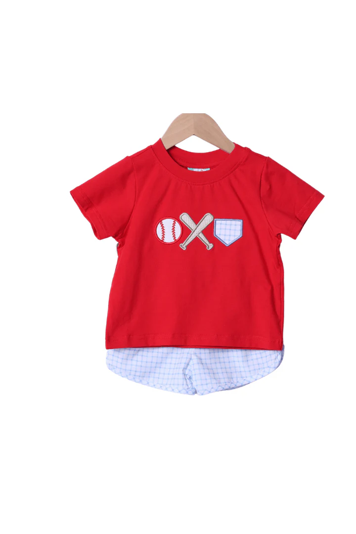 Baseball Applique Blue Gingham Knit Short Set