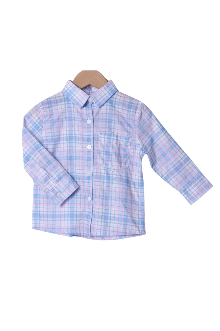 Blue and Pink Plaid Long Sleeve Button Down Shirt