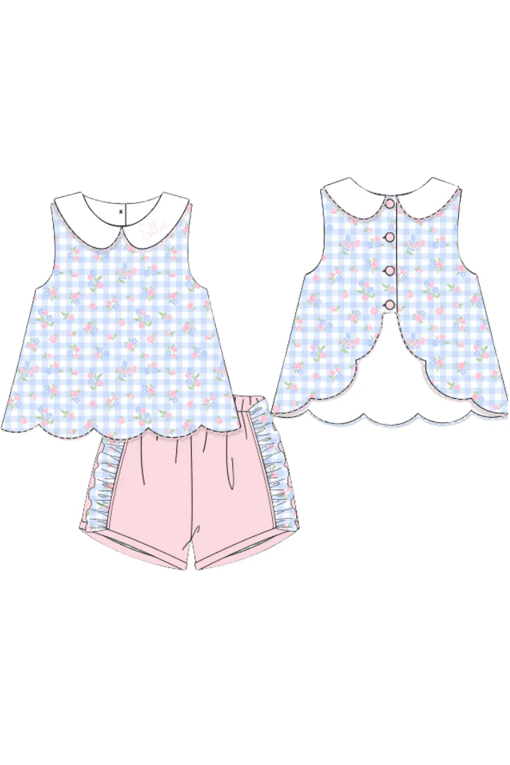 Blue Gingham Floral Sun Short Set - Image 3