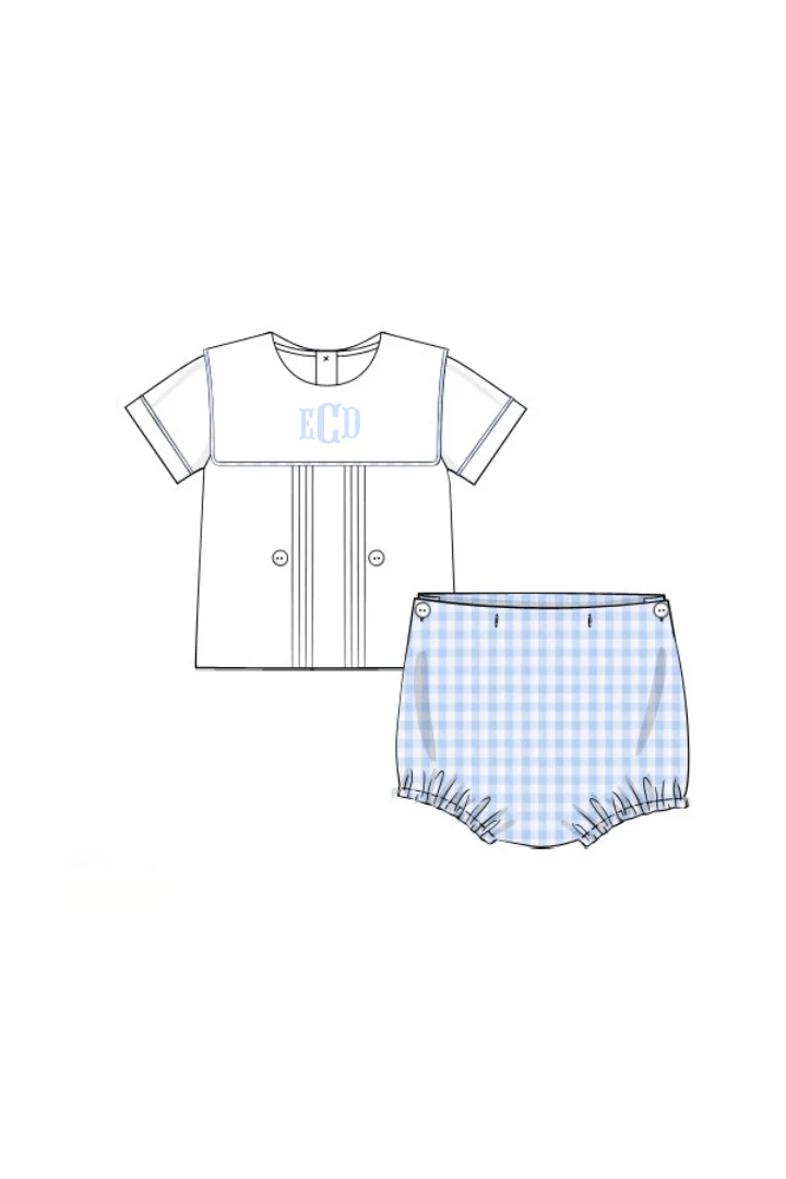 Blue Gingham Bib Button Diaper Set - Image 3