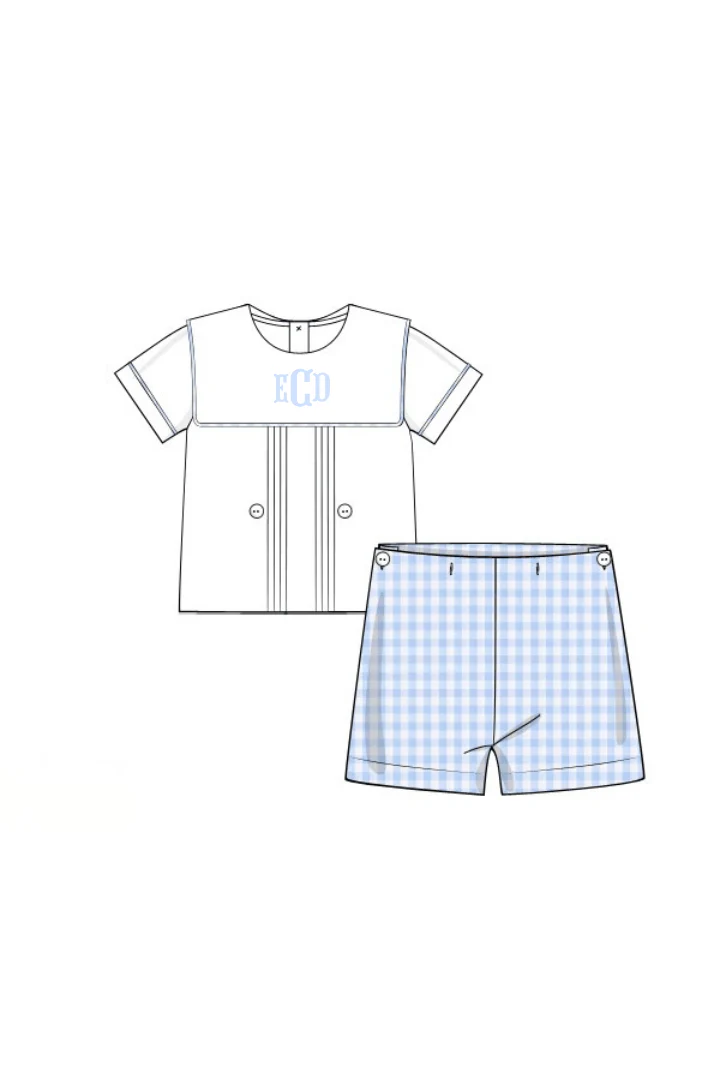 Blue Gingham Bib Button Short Set - Image 2