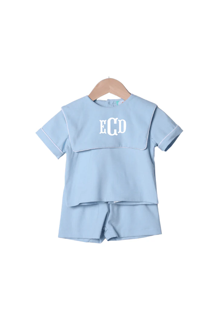 Blue Linen Bib Short Set