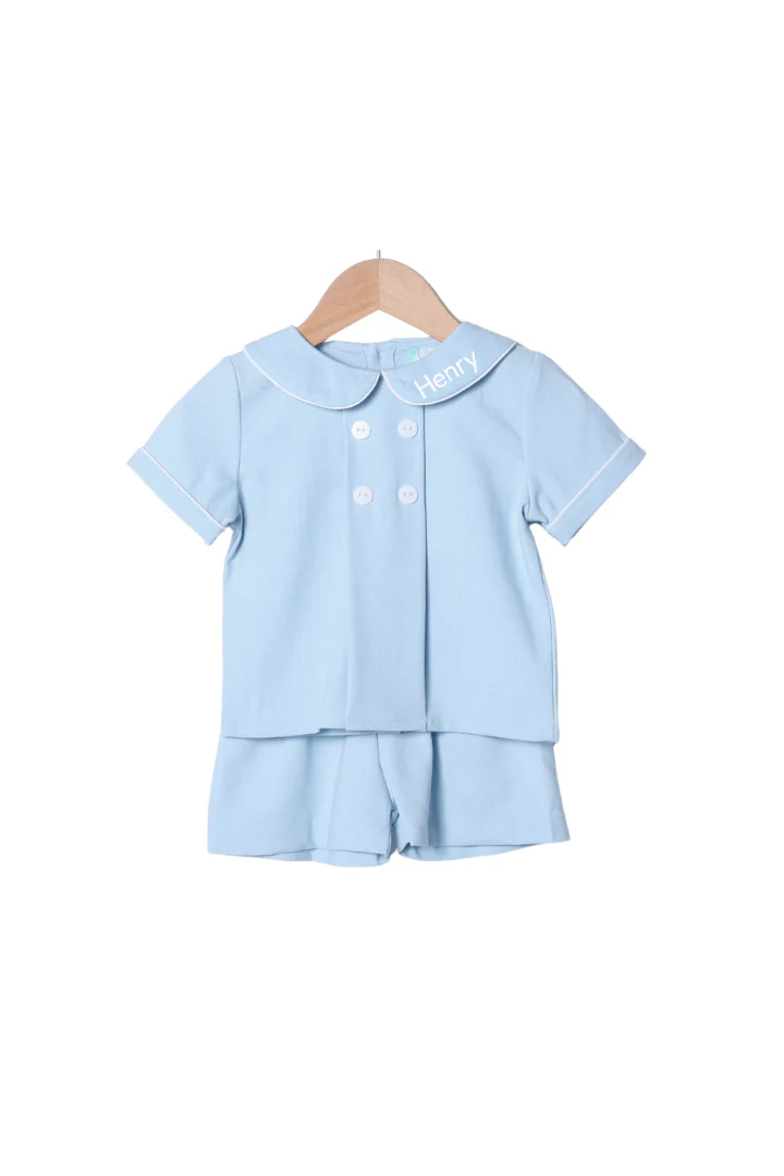 Blue Linen Button Short Set