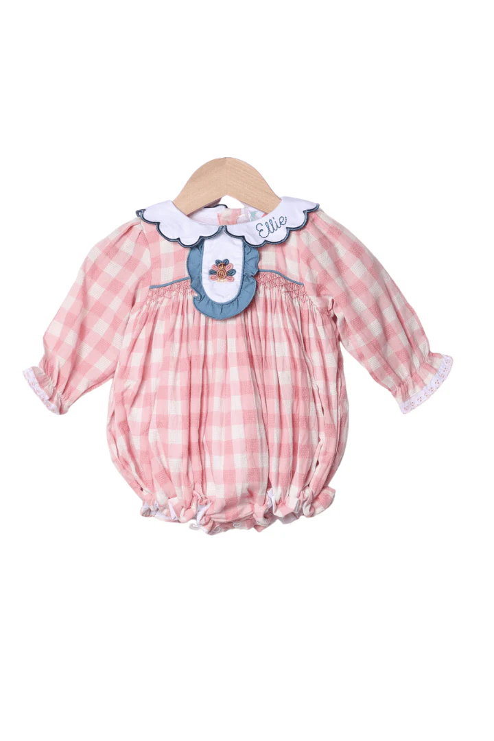 Pre-Order Smocked Bullion Turkey Pink Linen Gingham Ruffle Bubble - Image 2