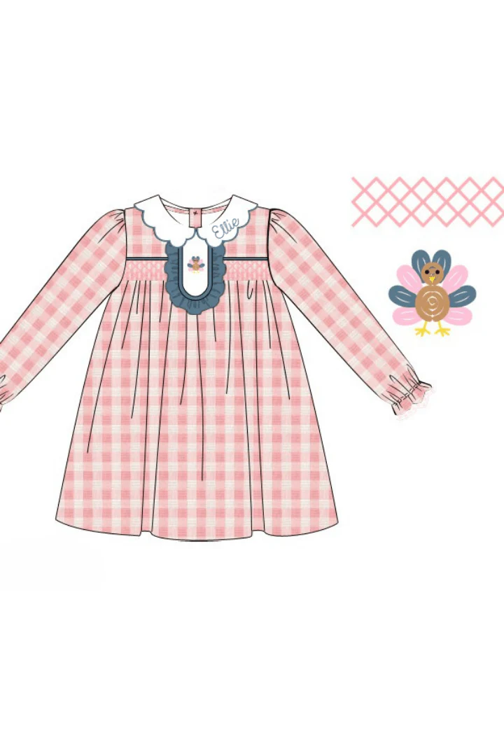 Pre-Order Smocked Bullion Turkey Pink Linen Gingham Ruffle Dress