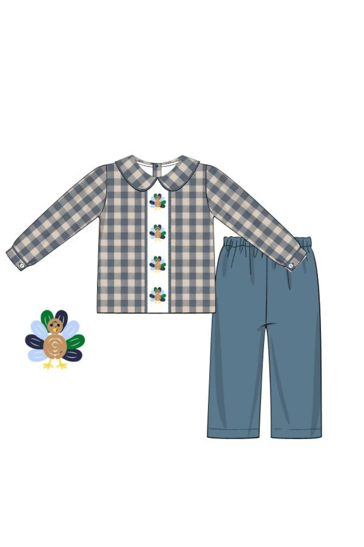 Bullion Turkey Stone Blue Gingham Pant Set - Image 2