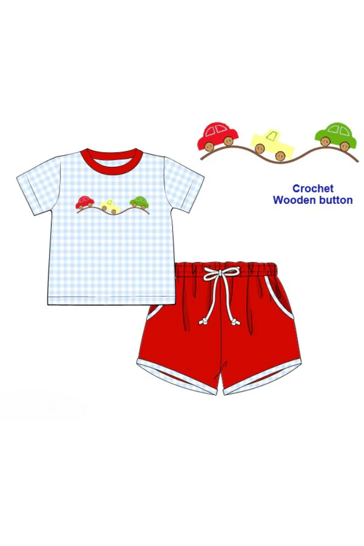 Crochet Cars Blue Gingham/Red Short Set - Image 3