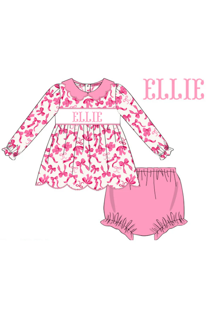 Pre-Order Custom Name Smocked Pink Bow Bloomer Set