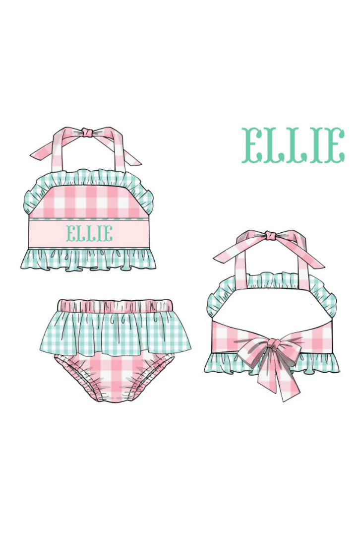 Pre- Order Custom NameSmocked Pink Gingham Two Piece Swimsuit