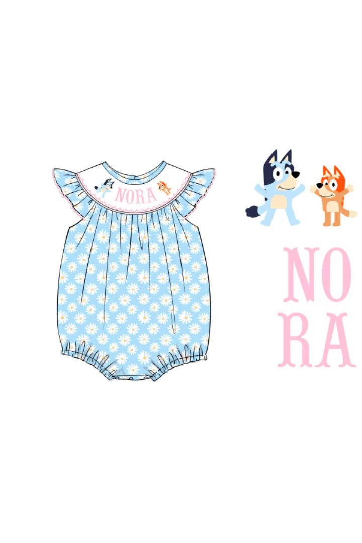 Pre-Order Custom Name Hand Smocked Puppy Blue Daisy Bubble