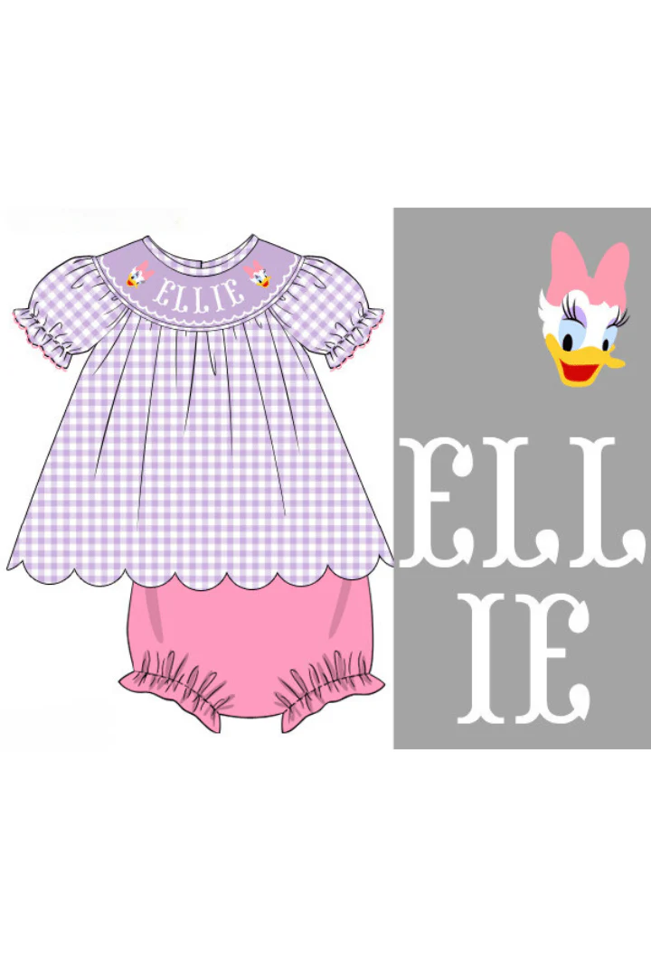 Pre-Order Custom Name Smock Purple Gingham Bloomer Set