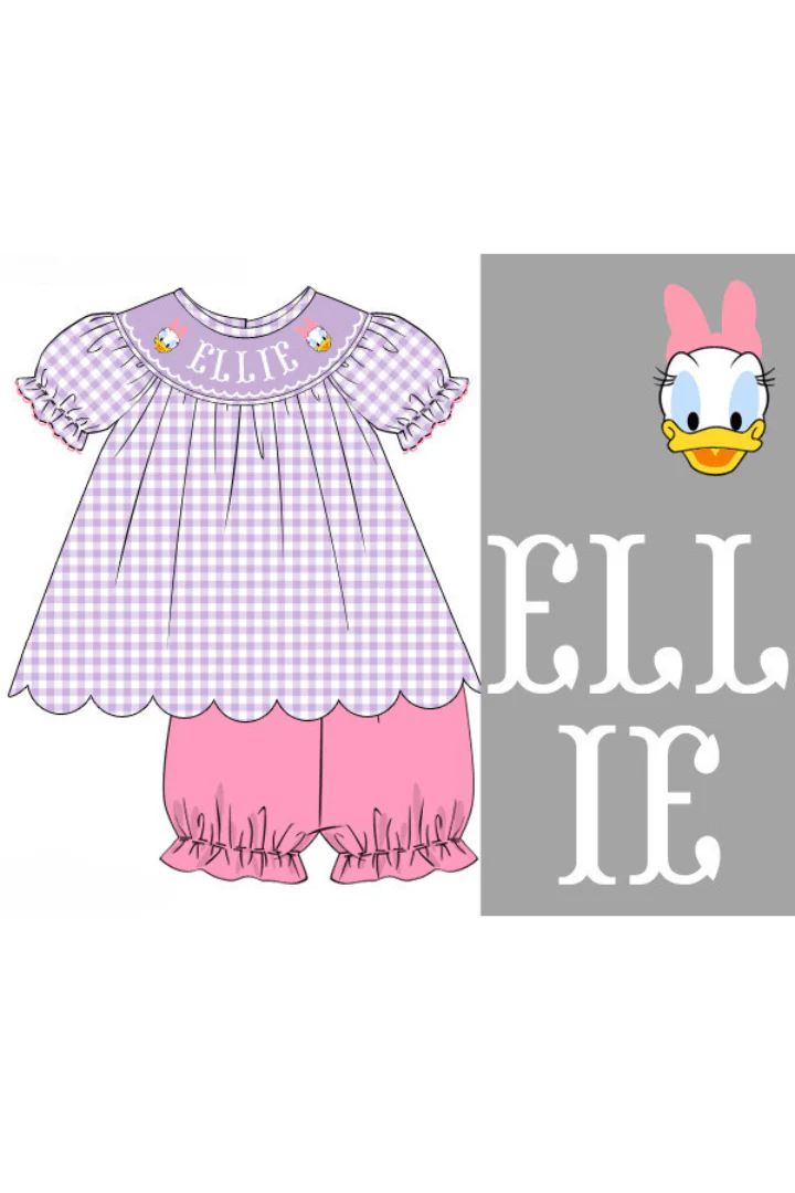 Pre-Order Custom Name Smock Purple Gingham Short Set
