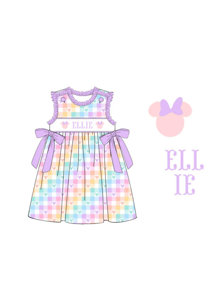 Pre-Order Custom Name Smocked Mouse Plaid Bow Dress