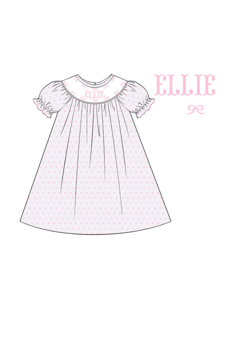 Pre-Order Custom Name Smocked Pink Swiss Dot Bow Dress