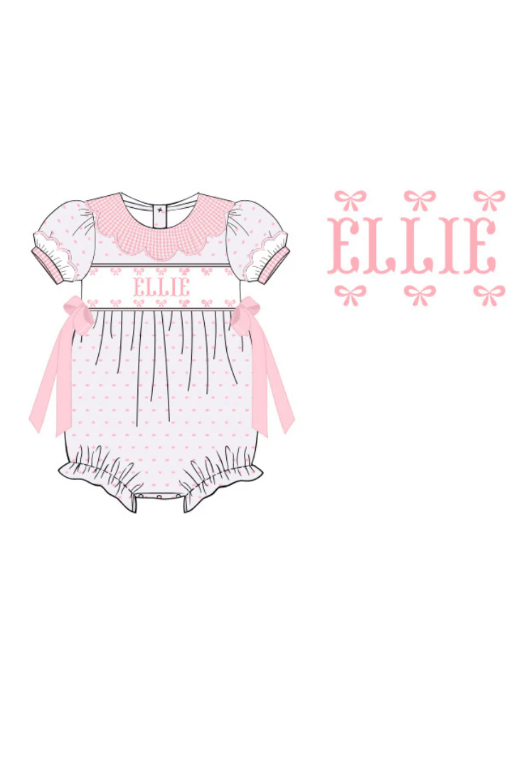 Pre-Order Custom Name Smocked Pink Swiss Dot Gingham Scalloped Bubble