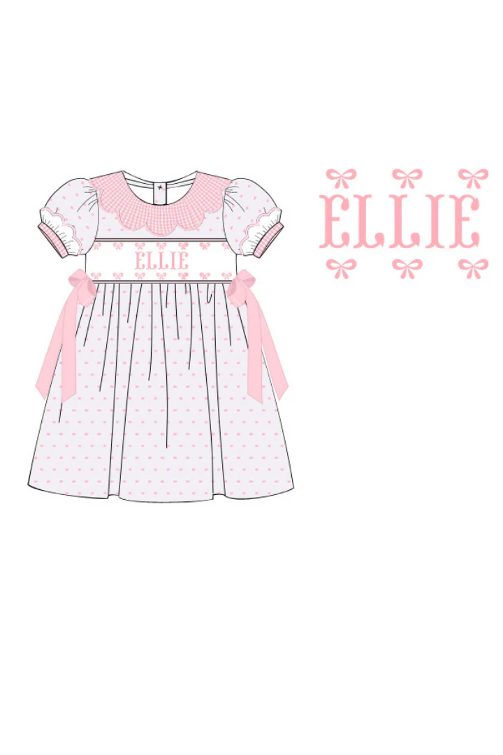 Pre-Order Custom Name Smocked Pink Swiss Dot Gingham Scalloped Dress