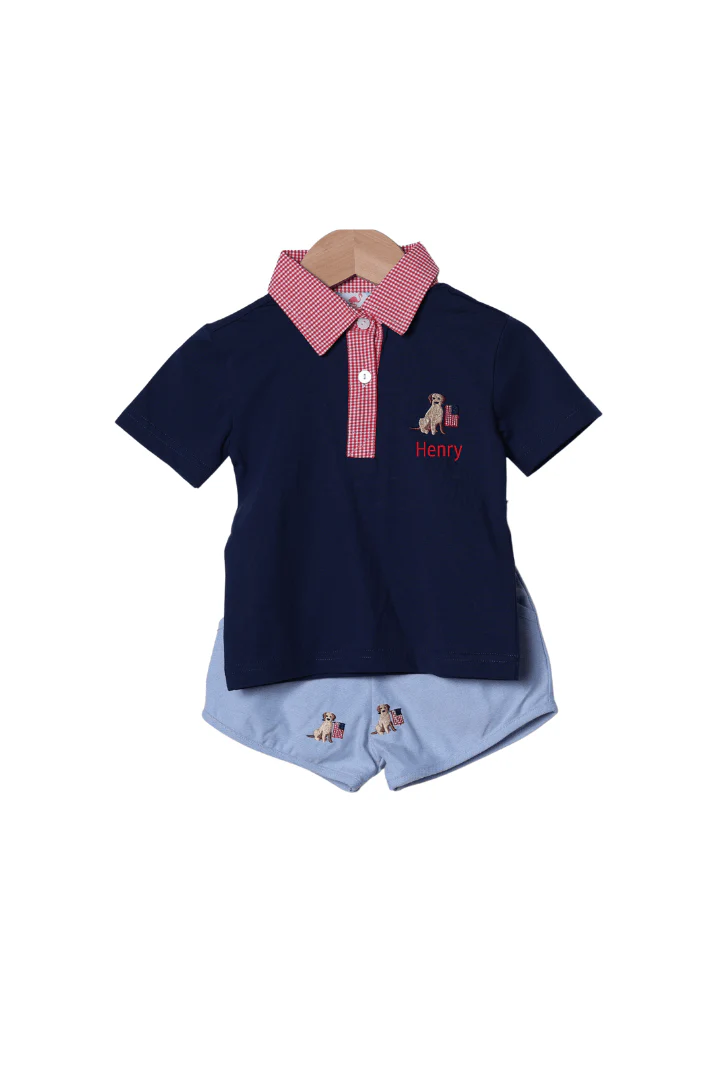 Embroidered American Pup Polo Short Set