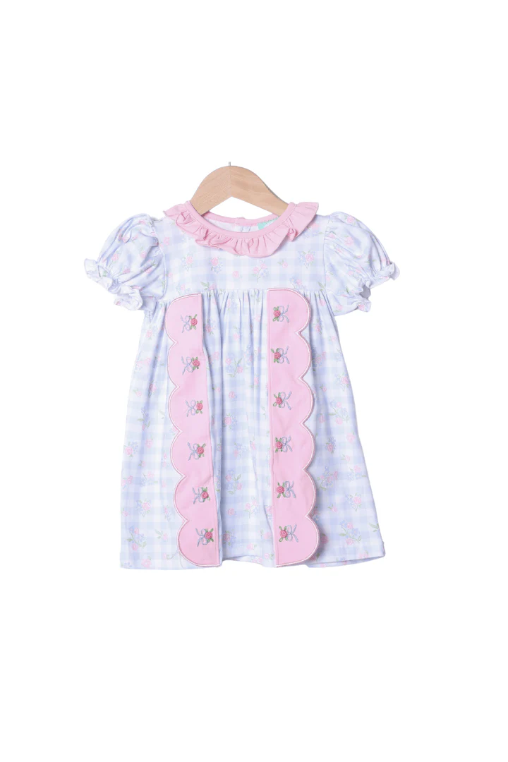 Embroidered Blue Gingham Floral Scalloped Dress