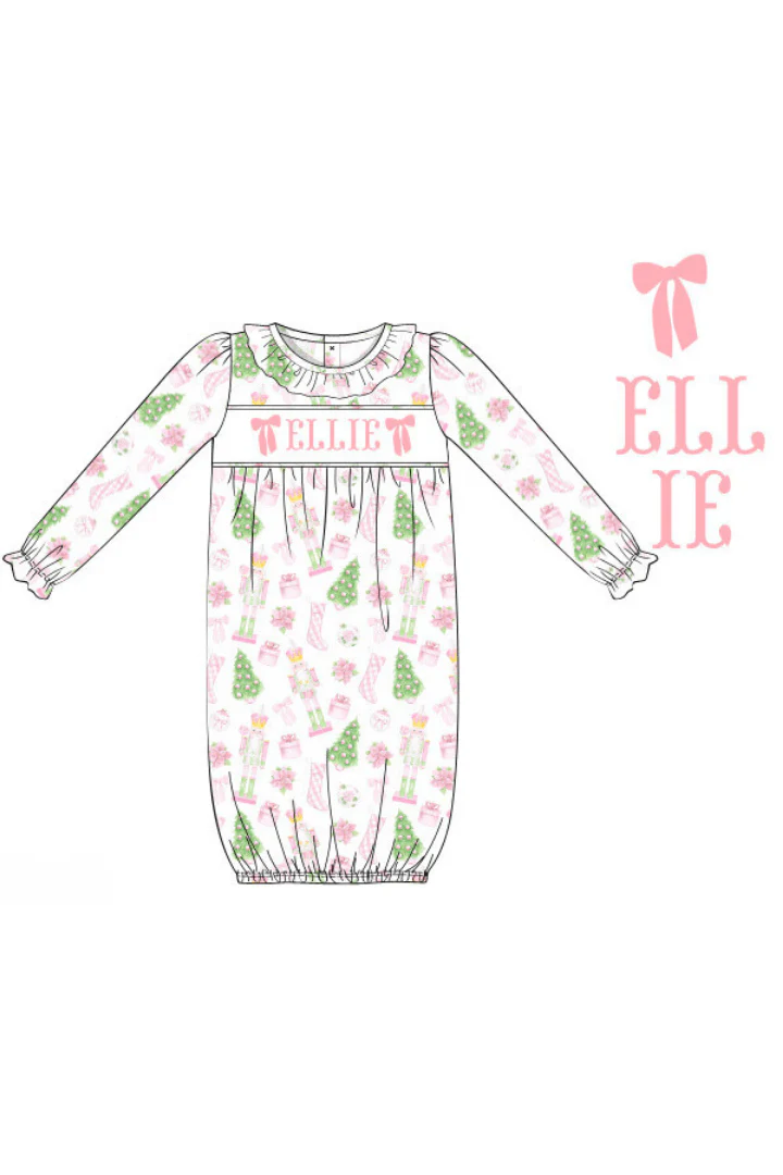 Pre-Order Hand Smocked Custom Name Pink Nutcracker Baby Gown