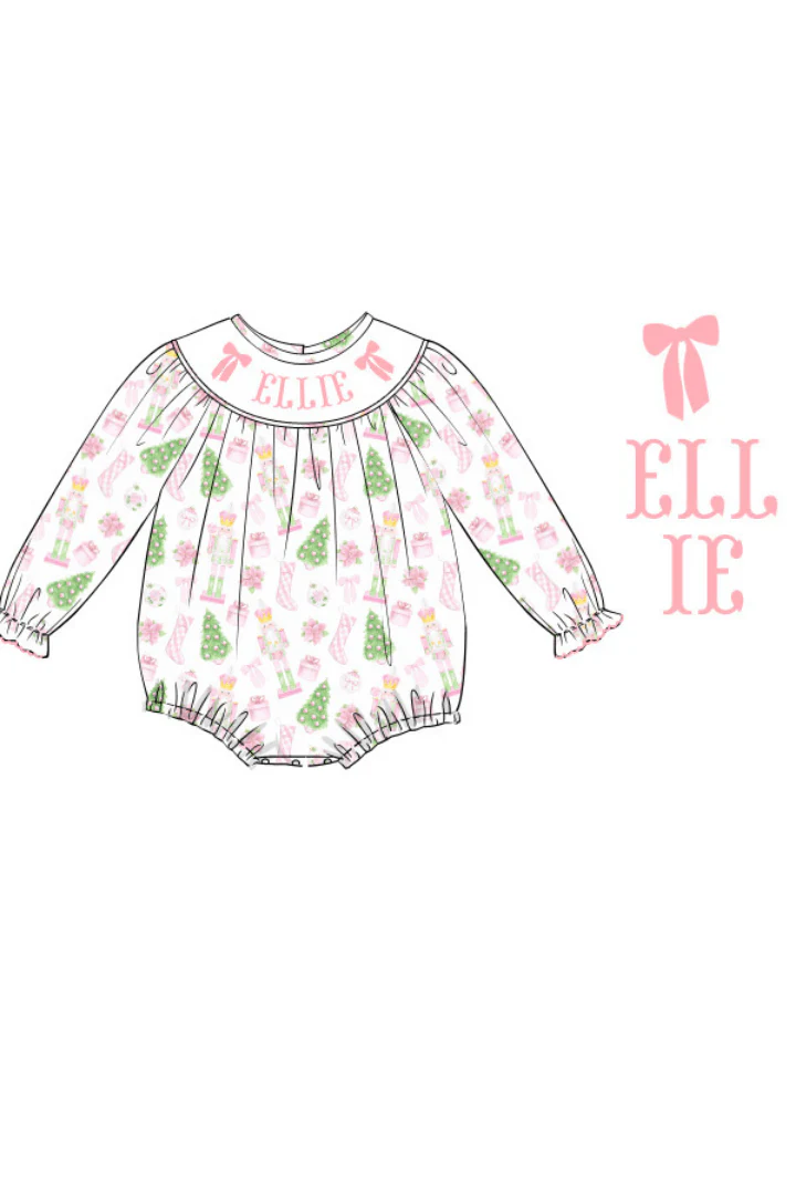 Pre-Order Hand Smocked Custom Name Pink Nutcracker Bubble