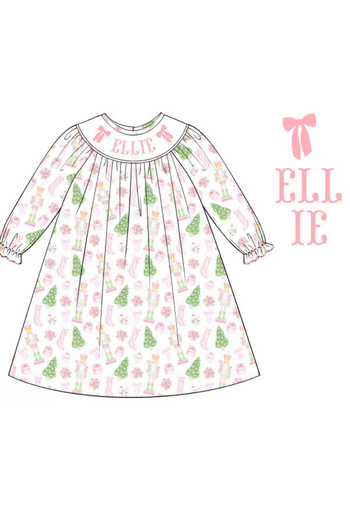 Pre-Order Hand Smocked Custom Name Pink Nutcracker Dress