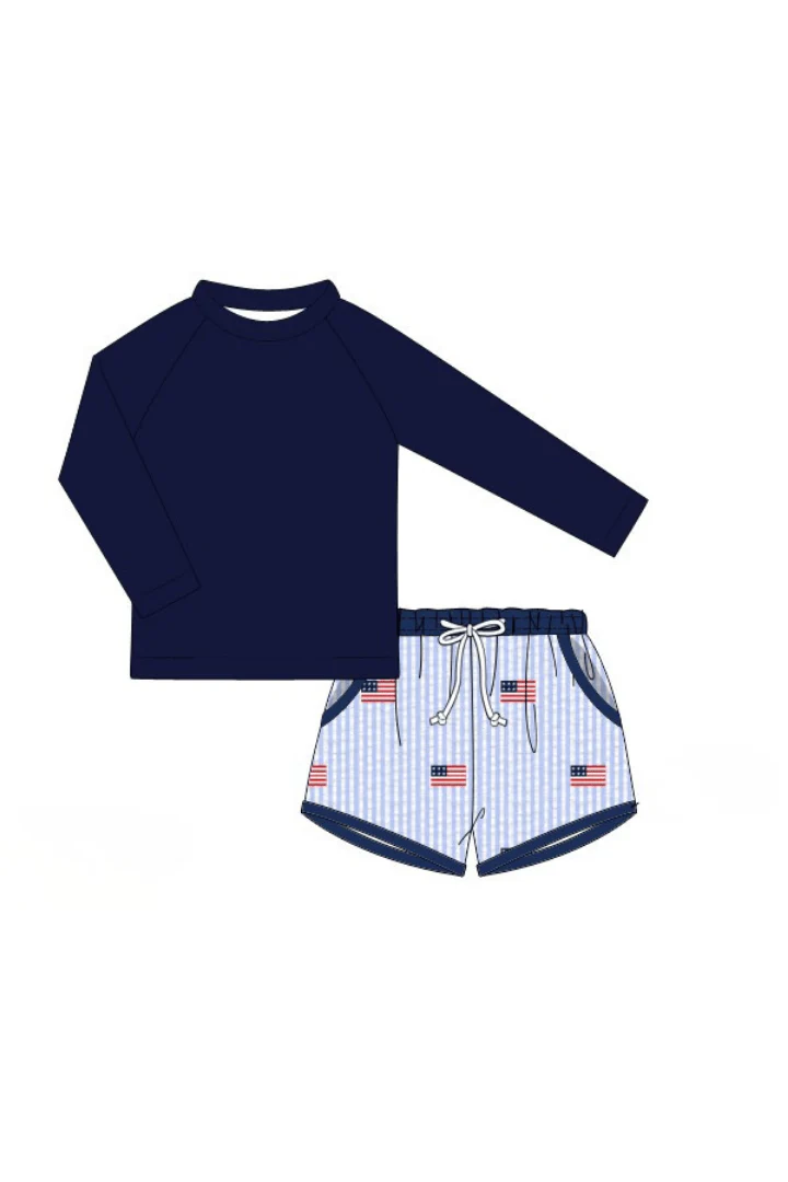 Embroidered Flag Blue Seersucker 2 pc Rash Guard and Trunks - Image 3