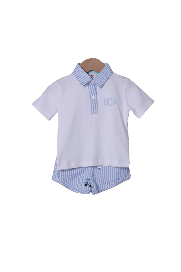 Embroidered Golf Blue Seersucker Short Set