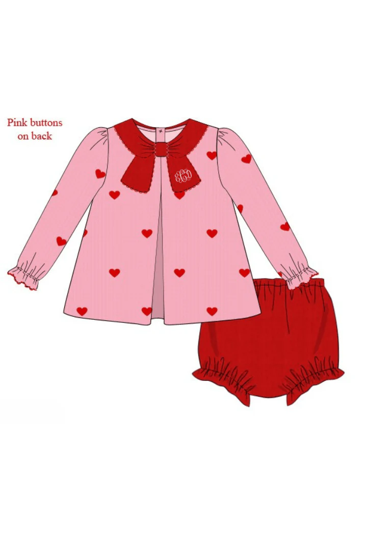 Embroidered Hearts Pink and Red Corduroy Bloomer Set - Image 2