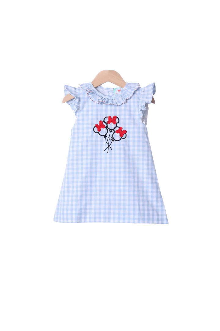Embroidered Magical Balloon Blue Gingham Ruffle Dress