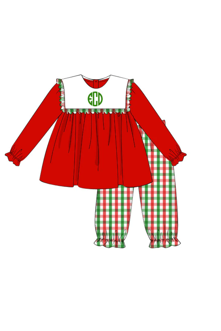 Pre-Order Embroidered Monogram Christmas Gingham Pant Set