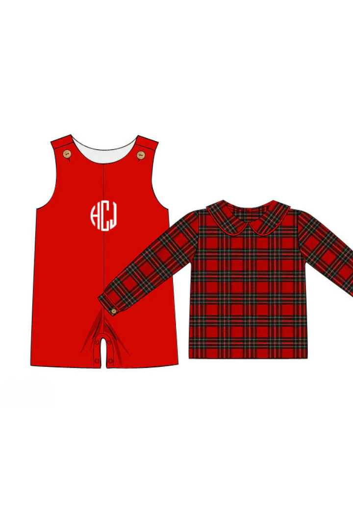 Pre-Order Embroidered Monogram Red Tartan Plaid Jon Jon