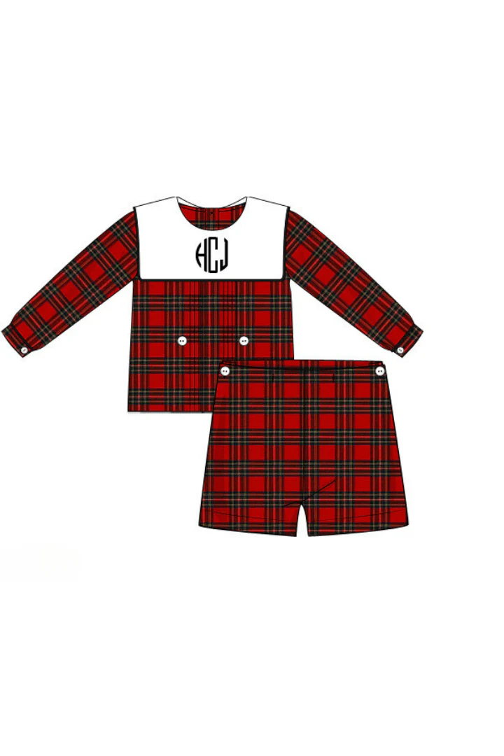 Pre-Order Embroidered Custom Name Monogram Red Tartan Plaid Set