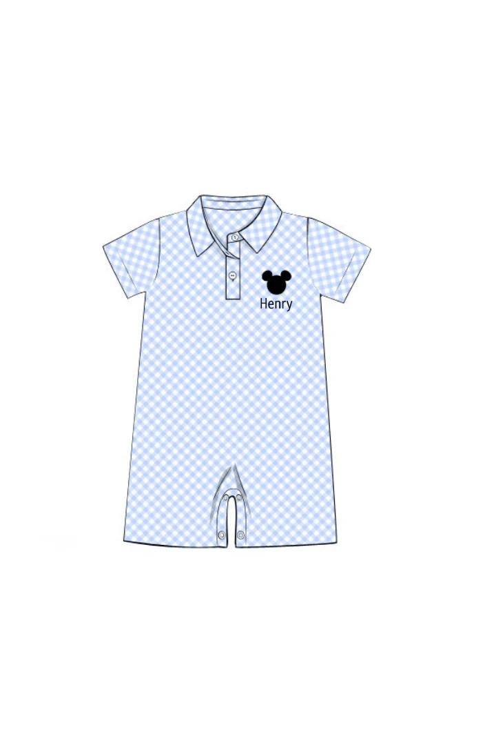 Embroidered Mouse Blue Gingham Polo Romper - Image 2