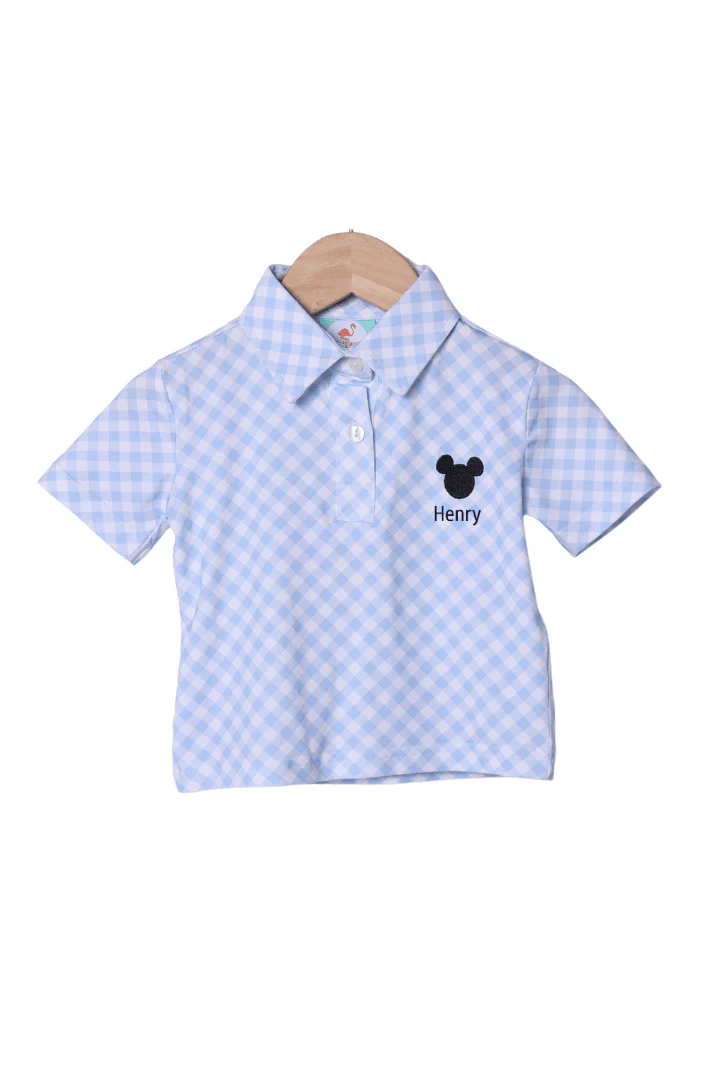 Embroidered Mouse Blue Gingham Polo Shirt