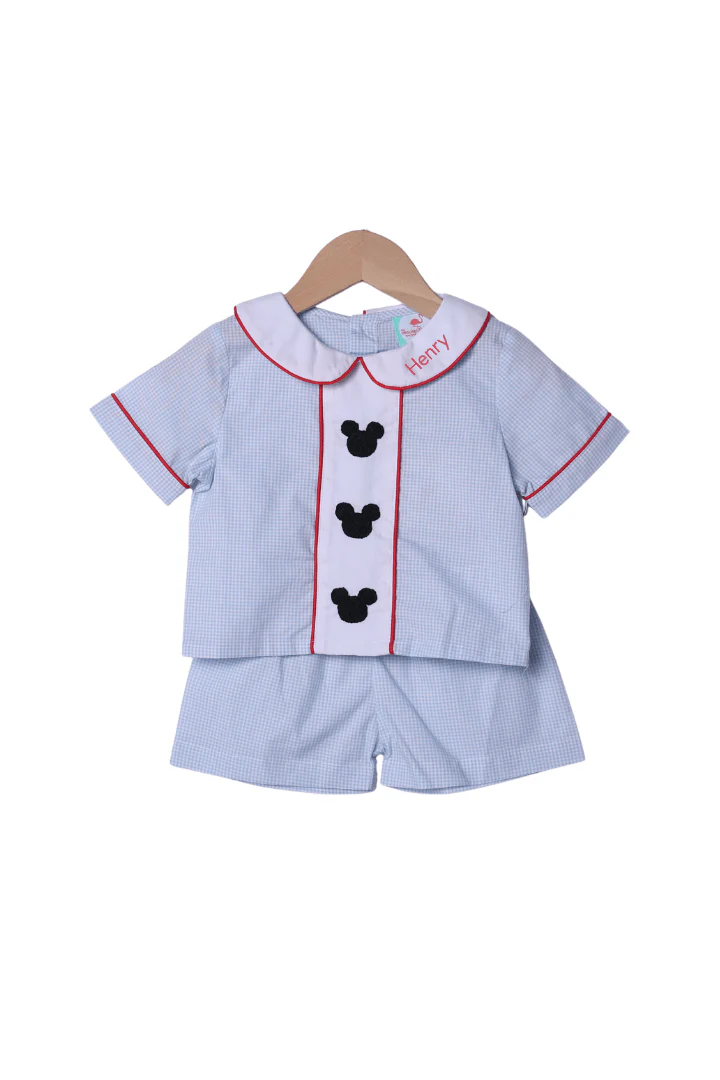 Embroidered Mouse Blue Gingham Short Set