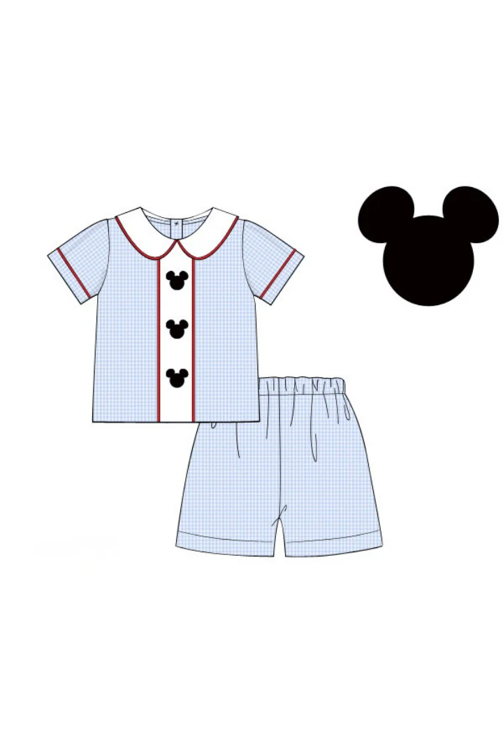 Embroidered Mouse Blue Gingham Short Set - Image 3