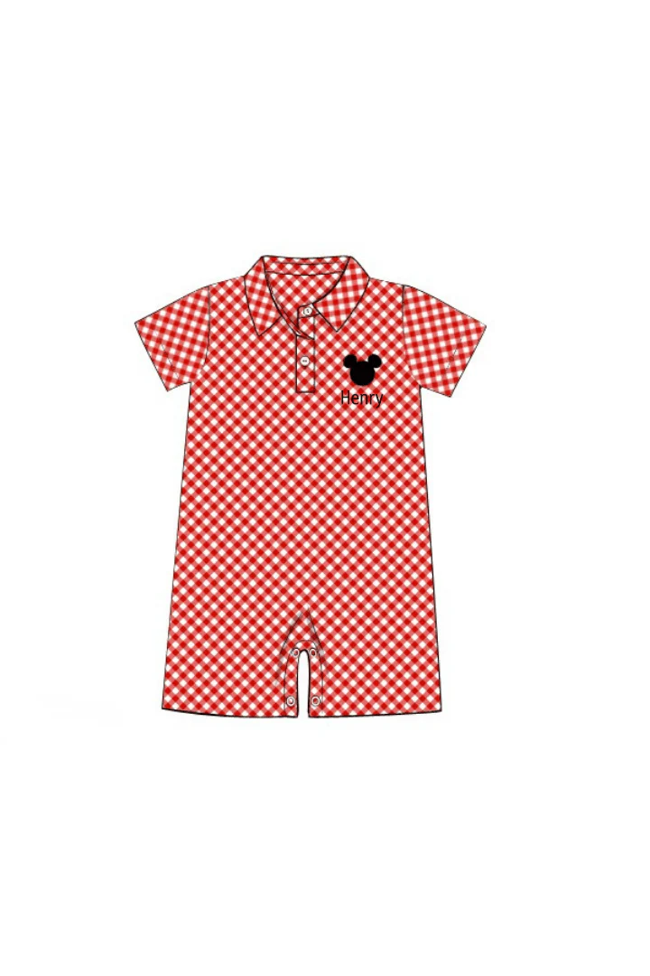 Embroidered Mouse Red Gingham Polo Romper - Image 2