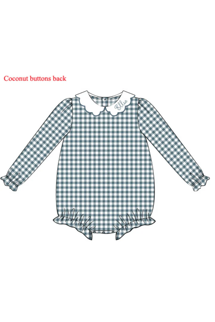 Pre-Order Custom Name Embroidered Stone Gingham Knit Scalloped Bubble