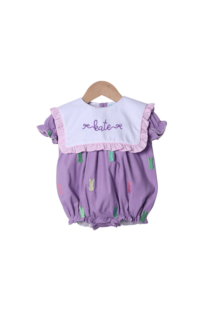 Embroidered Peep Lavender Linen Bib Bubble