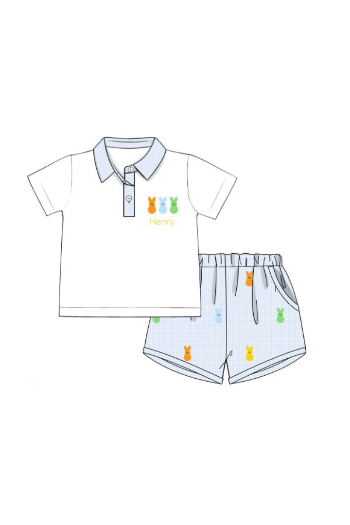Embroidered Peeps Baby Blue Gingham Polo Short Set - Image 3